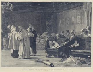 Kolumbus widerlegt die Dominikanermönche in den Konferenzen von Salamanca